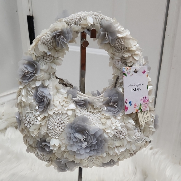 Handbags - Made In India Floral Embellishment  Beaded White And Gray Handbag
